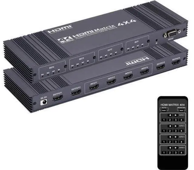 Main image of HDMI Matrix Switch 4x4, 4K HDMI Matrix 4 in 4 Out Switch Splitter Box with IR Remote Control and 3 Control Mode, Support RS232 Control, Support Ultra 4K@30Hz, 3D, HDMI 1.4, HDCP 1.4
