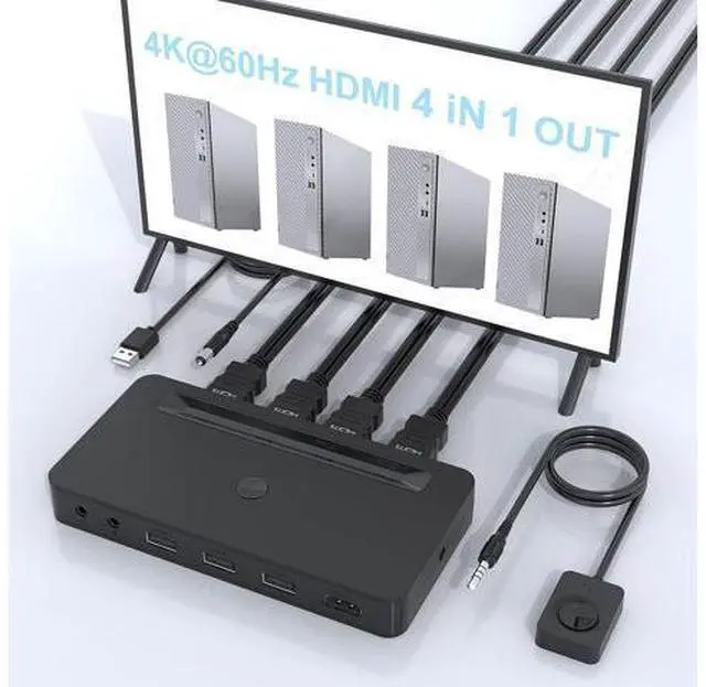 Main image of 4K HDMI KVM Switch 4 Ports for 4 Computers Share One HD 4K Monitor, 3 USB Devices Keyboard Mouse Printer, 2 3.5mm Headphone Jack, Including 4 HDMI Cable and 1 Remote Controller