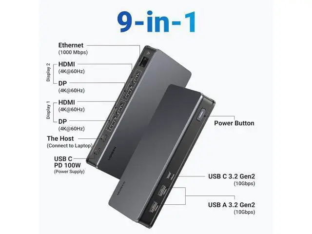 Alt view image 2 of 7 - Revodok Pro 209 USB C Docking Station, DisplayLink 9-in-1 Dual 4K@60hz Monitor Dock for MacBook & Windows with 2 DP & 2 HDMI, 10 Gbps USB C & USB-A Data Ports, 100W PD, Gig Ethernet