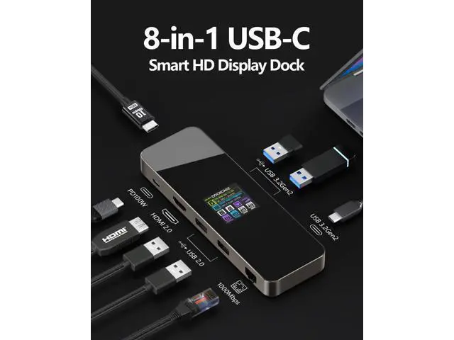 Alt view image 2 of 7 - DOCKCASE Visual Smart USB C Hub (8-in-1) with HDMI Port 4K@60Hz, 100w PD Power Delivery, 4 USB-A Data Ports, Gigabit Ethernet Port, 1 10Gbps USB-C Data Port for for MacBook Air/Pro, Ipad Pro, XPS