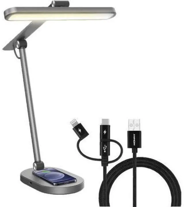 Main image of MOMAX LED Desk Lamp with 15W Wireless Charger with 3 in 1 Multiple Charger Cable, 1000 Lumens, 10W USB Charging, Foldable & Rotatable, Eye-Caring Desk Light for Home Office, Reading, Studying (Grey)