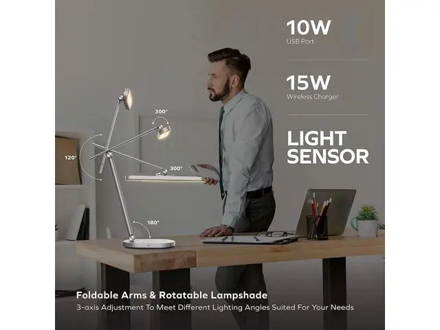 Alt view image 3 of 7 - MOMAX LED Desk Lamp with 15W Wireless Charger with 3 in 1 Multiple Charger Cable, 1000 Lumens, 10W USB Charging, Foldable & Rotatable, Eye-Caring Desk Light for Home Office, Reading, Studying (Grey)
