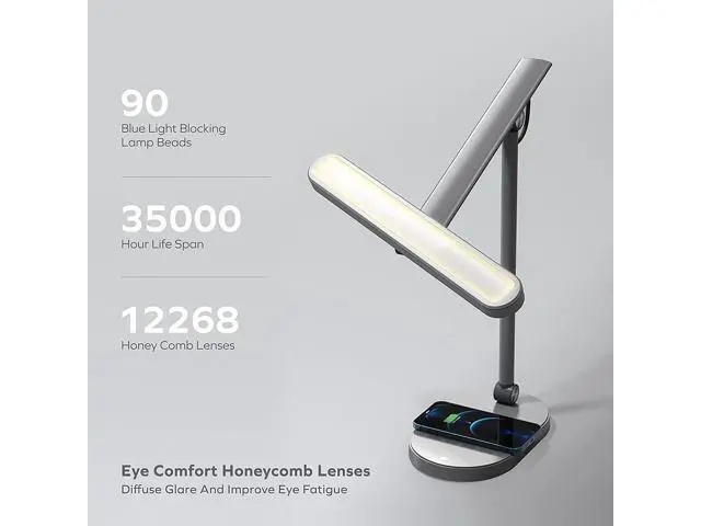 Alt view image 6 of 7 - MOMAX LED Desk Lamp with 15W Wireless Charger with 3 in 1 Multiple Charger Cable, 1000 Lumens, 10W USB Charging, Foldable & Rotatable, Eye-Caring Desk Light for Home Office, Reading, Studying (Grey)