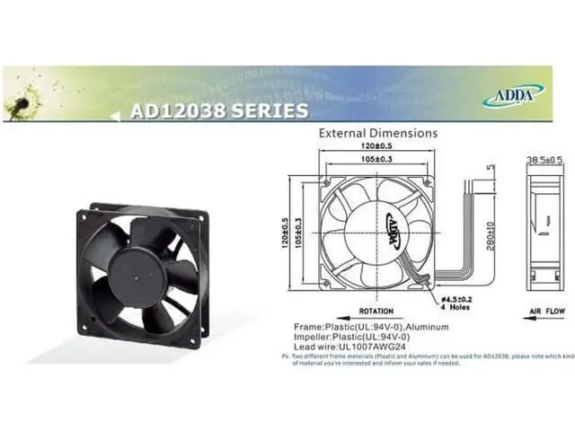 Alt view image 2 of 3 - for Original ADDA AD1224HS-F51 12038 Sleeve bearing Cooling fan with 24V 0.32A 2800RPM 105.4 CFM 46.7dB 120X120X38MM Aluminum Frame For Inverter