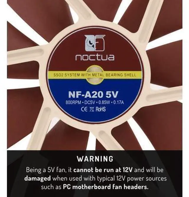 Alt view image 2 of 7 - Noctua NF-A20 5V, Premium Quiet Fan with USB Power Adaptor Cable, 3-Pin, 5V Version (200x30mm, Brown)