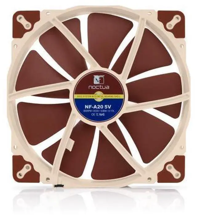 Alt view image 4 of 7 - Noctua NF-A20 5V, Premium Quiet Fan with USB Power Adaptor Cable, 3-Pin, 5V Version (200x30mm, Brown)