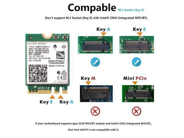 Alt view image 2 of 7 - Wireless WiFi 6E Intel AX210 Bluetooth 5.3 M.2 2230 Key E A WiFi 6 Card 3000Mbps 2.4G/5Ghz/6Ghz AX210NGW 802.11ac/ax WiFi Adapter, Support Windows 10 Linux For Laptop Desktop PC