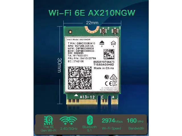 Alt view image 3 of 7 - Wi-Fi 6E Intel AX210 Bluetooth 5.2 + 3000Mbps 2.4Ghz 5Ghz 6Ghz M.2 2230 Key E Desktop Kit Wireless Adapter AX210NGW NGFF WiFi 6 Card 802.11ax/ac Support MU-MIMO OFDMA Windows 10 With 6Dbi Antenna Set