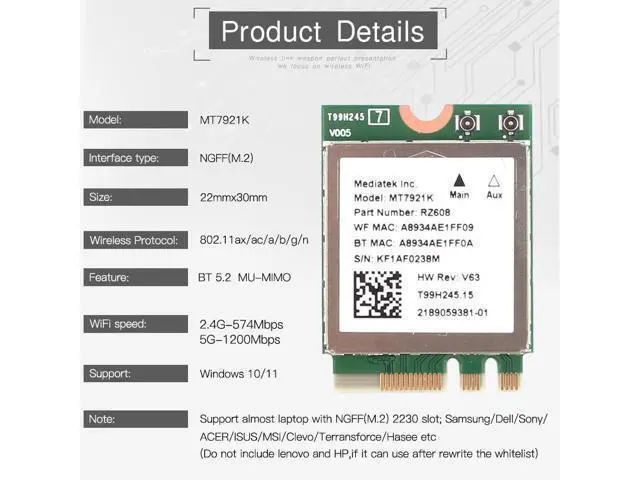Alt view image 3 of 7 - Wi-Fi 6E MediaTek MT7921k Desktop Kit Tri band 1800Mbps Bluetooth 5.2 Wireless Card 802.11AX 6DBi Antennas Windows 10 / 11