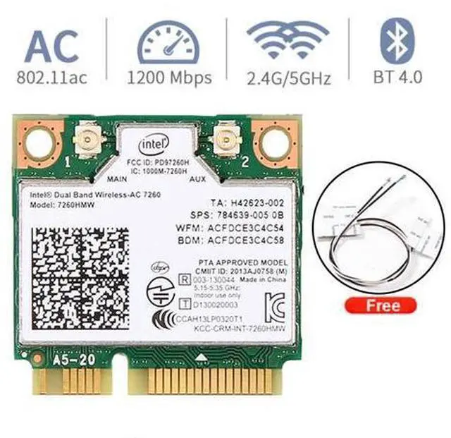 Main image of Dual Band AC1200 7260HMW 7260AC Wireless 2X2 Mini PCI-E Wi-Fi Network Card, Bluetooth 4.0, Up to 867Mbps (5Ghz) + 300Mbps (2.4Ghz), IEEE802.11ac/a/b/g/n, Windows 7/8/10 For Laptop PC