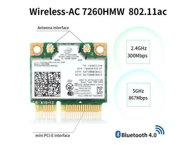 Alt view image 2 of 6 - Dual Band AC1200 7260HMW 7260AC Wireless 2X2 Mini PCI-E Wi-Fi Network Card, Bluetooth 4.0, Up to 867Mbps (5Ghz) + 300Mbps (2.4Ghz), IEEE802.11ac/a/b/g/n, Windows 7/8/10 For Laptop PC