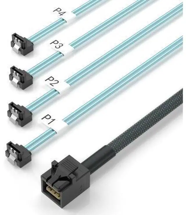 Main image of MiniSAS HD SFF-8643 Breakout to 4xSATA Cable, for Server JBOD/Storage Tray & SAS RAID Controller Compatibility, SATA Right Angle, 0.75~0.8m(2.46~2.62ft)