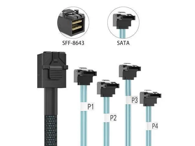 Alt view image 3 of 6 - MiniSAS HD SFF-8643 Breakout to 4xSATA Cable, for Server JBOD/Storage Tray & SAS RAID Controller Compatibility, SATA Right Angle, 0.75~0.8m(2.46~2.62ft)