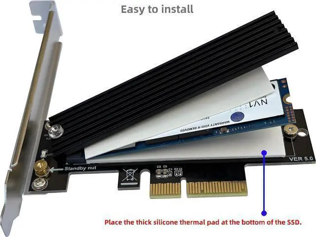 Alt view image 3 of 7 - PCIe NVMe Adapter Card with Heat Sink, x4 Interface Fits in x8/x16 Slots, Converts M.2 SSD to PCIe 4.0/3.0 for Desktop