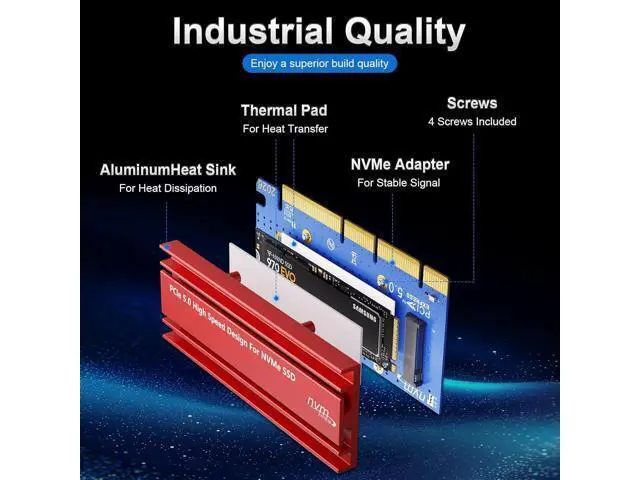 Alt view image 7 of 7 - PCIe5.0 X16/X8/X4 to M.2 NVMe SSD Adapter with Aluminum Heatsink, Easy Install, Supports 2230/2242/2260/2280, Not Compatible with SATA or PCIe X1 Slots