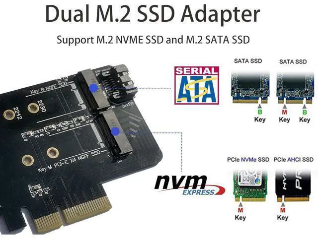 Alt view image 2 of 6 - PCIe Adapter for One M.2 NVMe Mkey and One SATA Bkey SSD, PCI-e 4.0 X4 Card Supports NGFF M2 M-Key or B-Key (M+B) SSD of Length 2280,2260,2242,2230, PCIe NVMe Adapter with SATA 3.0 Cable