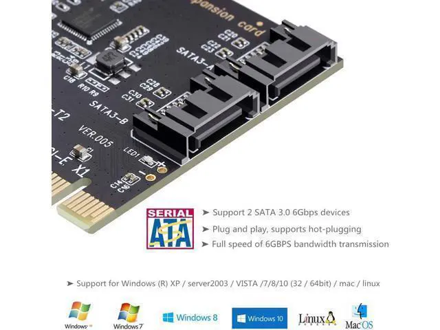 Alt view image 4 of 7 - PCI Express 3.0 (2-Port) Controller Card, PCIe to SATA III 6Gb/s Converter, Supports SSD and HDD, Includes Bracket and 2 SATA Cables