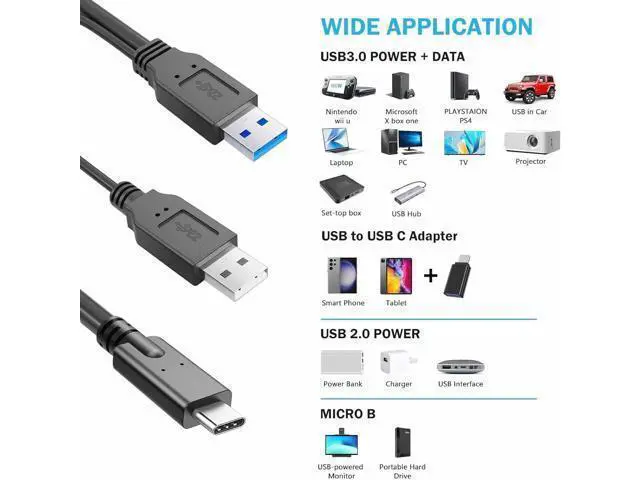 Alt view image 5 of 5 - Auxiliary Power Type-C USB-C to USB 3.0 Male & USB 2.0 Dual Power Data Y Cable for Laptop & Hard Disk