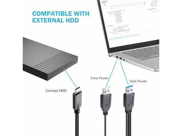 Alt view image 4 of 5 - Auxiliary Power Type-C USB-C to USB 3.0 Male & USB 2.0 Dual Power Data Y Cable for Laptop & Hard Disk