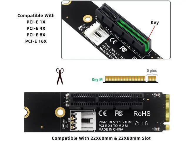 Alt view image 4 of 7 - M-Key 22x80mm Extender to PCI-E X1 X4 X8 X16 Graphics Card Riser Adapter PCI-Express for M2 2260 2280