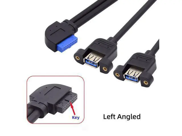 Alt view image 2 of 7 - 2 Ports USB 3.0 Female to Motherboard 20Pin Male Cable for Front Panel Screw Mount Type 30cm 90 Degree Left Angled
