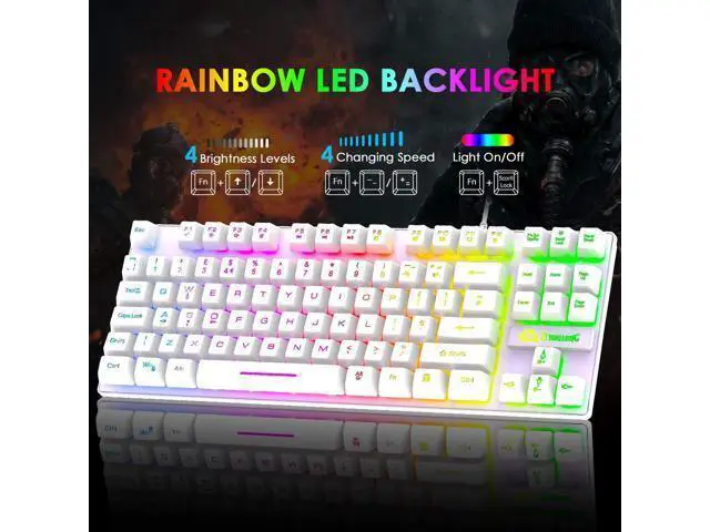Alt view image 2 of 7 - Gaming Keyboard and Mouse Combo,88 Keys Compact Rainbow Backlit Mechanical Feel Keyboard, RGB Backlit 6400 DPI Lightweight Gaming Mouse with Honeycomb Shell for Windows PC Gamers (White)