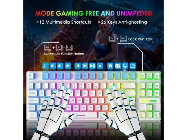 Alt view image 3 of 7 - Gaming Keyboard and Mouse Combo,88 Keys Compact Rainbow Backlit Mechanical Feel Keyboard, RGB Backlit 6400 DPI Lightweight Gaming Mouse with Honeycomb Shell for Windows PC Gamers (White)