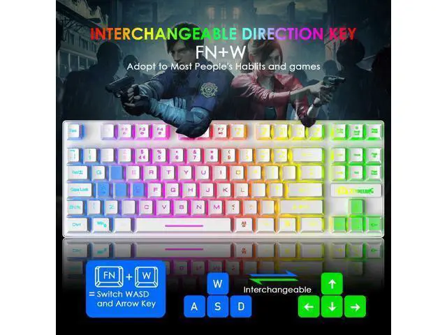 Alt view image 4 of 7 - Gaming Keyboard and Mouse Combo,88 Keys Compact Rainbow Backlit Mechanical Feel Keyboard, RGB Backlit 6400 DPI Lightweight Gaming Mouse with Honeycomb Shell for Windows PC Gamers (White)