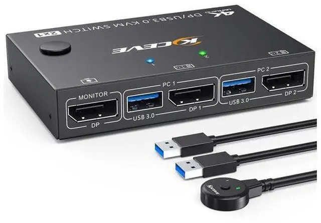 Main image of USB 3.0 KVM Switch Displayport 4K@144Hz, 2 Port Displayport KVM Switch for 2 PCs 1 Monitor 8K@30Hz, DP KVM Switch 2 in 1 Out for 2 PC Share 4 USB 3.0 Device Keyboard Mouse Monitor with Wired Remote