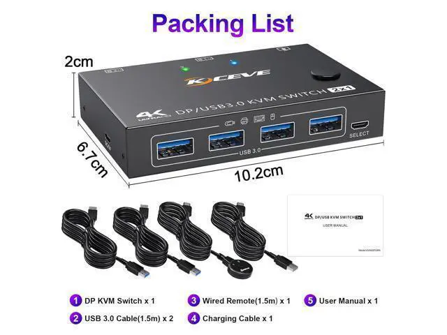 Alt view image 7 of 7 - USB 3.0 KVM Switch Displayport 4K@144Hz, 2 Port Displayport KVM Switch for 2 PCs 1 Monitor 8K@30Hz, DP KVM Switch 2 in 1 Out for 2 PC Share 4 USB 3.0 Device Keyboard Mouse Monitor with Wired Remote