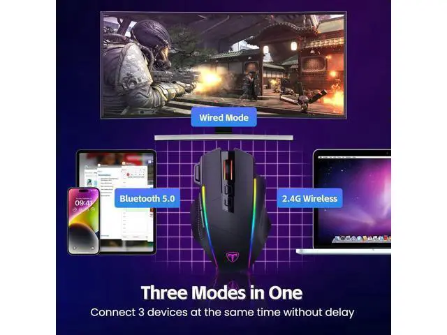 Alt view image 2 of 7 - AUTYUE Wireless Gaming Mouse, Tri-Mode 2.4G/USB-C/Bluetooth Wireless Mouse, Up to 10000DPI, Chroma RGB Backlit, Ergonomic with 8 Programmable Buttons, Rechargeable Computer Mouse for Laptop, PC, Mac