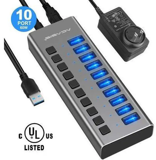Main image of Powered USB Hub - 10 Ports 48W USB 3.0 Data Hub - with Individual On/Off Switches and 12V/4A Power Adapter USB Hub 3.0 Splitter for Laptop, PC, Computer, Mobile HDD, Flash Drive and More