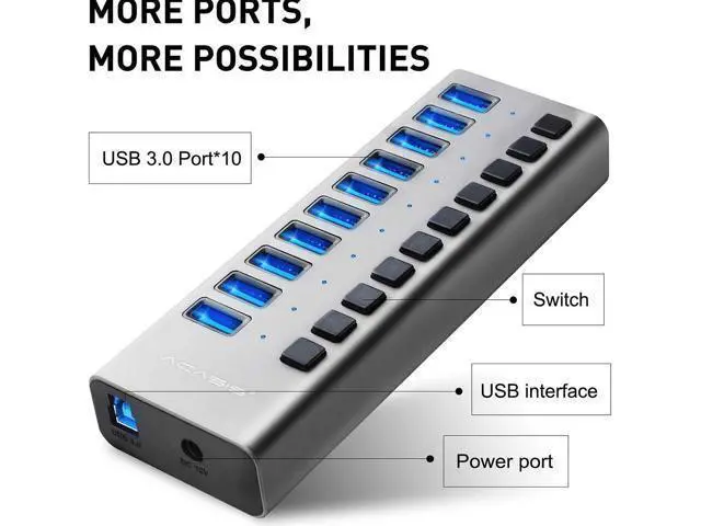 Alt view image 5 of 7 - Powered USB Hub - 10 Ports 48W USB 3.0 Data Hub - with Individual On/Off Switches and 12V/4A Power Adapter USB Hub 3.0 Splitter for Laptop, PC, Computer, Mobile HDD, Flash Drive and More
