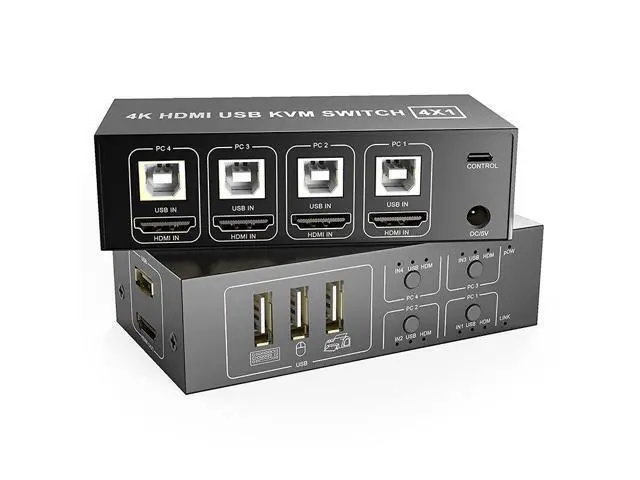 Main image of KVM Switch HDMI 4 Port Box, 4 in 1 Out KVM Switch 4 Computers Share Keyboard Mouse Printer Monitor Support HUD 4K @60Hz for Laptop,PC,Xbox HDTV, with 4* USB Cable,1* Switch Button&Cable,1* Power Cable