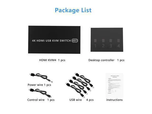 Alt view image 7 of 7 - KVM Switch HDMI 4 Port Box, 4 in 1 Out KVM Switch 4 Computers Share Keyboard Mouse Printer Monitor Support HUD 4K @60Hz for Laptop,PC,Xbox HDTV, with 4* USB Cable,1* Switch Button&Cable,1* Power Cable