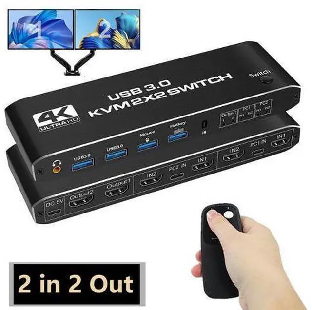 Main image of Dual Monitor HDMI KVM Switch 2 Monitors 2 Computers, 4K@60Hz HDMI KVM switches 2 in 2 Out with Audio, USB 3.0 Hub Share Keyboard Video Mouse Peripherals, Hotkey (Black)