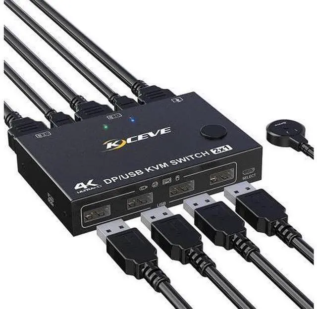 Main image of 2-Port DisplayPort KVM Switch, 2 Port DP1.2 KVM Switch Two Computers One Monitor to Share Mouse,Keyboard,Printer,Scanner Support 4K @60Hz, 2 USB Cables and Wired Controller Included