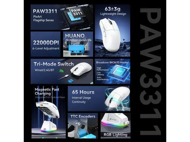 Alt view image 3 of 7 - Hitoor Ultra-Light Triple Mode (Wired, 2.4GHz Wireless & Bluetooth) Gaming Mouse, PAW3311 Optical Sensor, up to 22K DPI 5 programmable Buttons, Magnetic Charging Dock, Gaming Mice for Laptops, PC/Mac