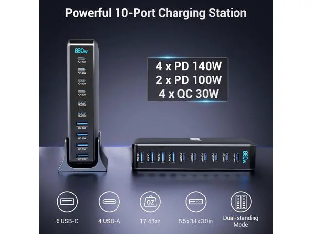 Alt view image 2 of 7 - Hitoor 880W USB C Charger Block, 10-Port USB C Fast Charging Station Hub, Desktop 10 Port USB Charging Station for Multiple Devices for MacBook Pro/Air, Laptops, Smartphones etc..