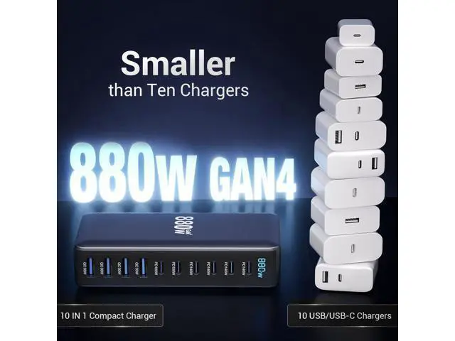 Alt view image 5 of 7 - Hitoor 880W USB C Charger Block, 10-Port USB C Fast Charging Station Hub, Desktop 10 Port USB Charging Station for Multiple Devices for MacBook Pro/Air, Laptops, Smartphones etc..
