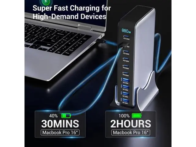 Alt view image 4 of 7 - Hitoor 880W USB C Charger Block, 10-Port USB C Fast Charging Station Hub, Desktop 10 Port USB Charging Station for Multiple Devices for MacBook Pro/Air, Laptops, Smartphones etc..
