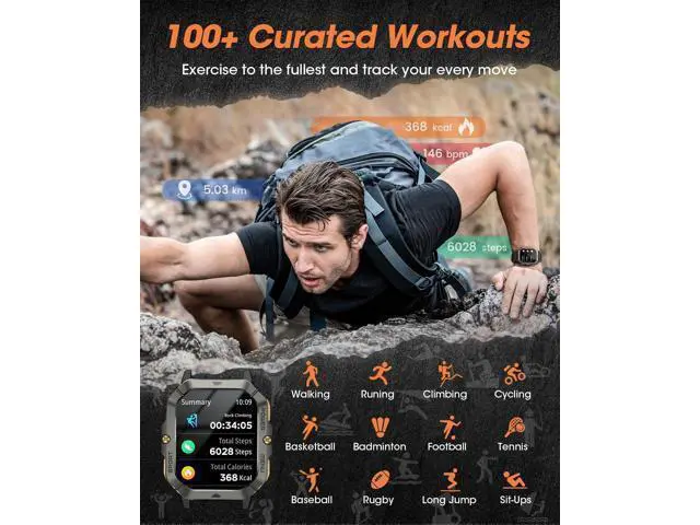 Alt view image 3 of 6 - AUTYUE Military Smart Watch for Men (Answer/Make Calls), Bluetooth Tactical Smartwatch for Android and iPhone, Waterproof Rugged Fitness Tracker with Blood Pressure/Heart Rate/SpO2/Sleep, (Black)