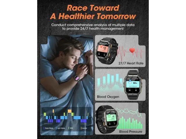 Alt view image 4 of 6 - AUTYUE Military Smart Watch for Men (Answer/Make Calls), Bluetooth Tactical Smartwatch for Android and iPhone, Waterproof Rugged Fitness Tracker with Blood Pressure/Heart Rate/SpO2/Sleep, (Black)