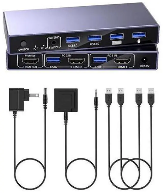 Main image of AUTYUE 2 Port HDMI KVM Switch 1 Monitor 2 Computers, 8K@60Hz USB 3.0 KVM Switcher with 4 USB Ports for 2 Computers Share Keyboard Mouse Printer, Include Desktop Controller, 2 USB Cables&Power Adapter