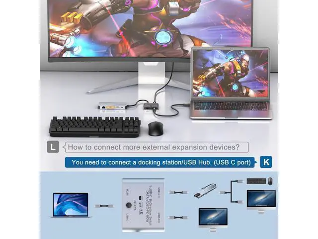 Alt view image 7 of 7 - AUTYUE 8K USB C Switch Splitter USB C Switcher for 2 Computers - Bi Directional USB C KVM Switch 1 in 2 Out for 8K@60Hz/4K@144Hz Video Transfer+100W Charging+10Gbps Data, with Power Cable giyqxHw