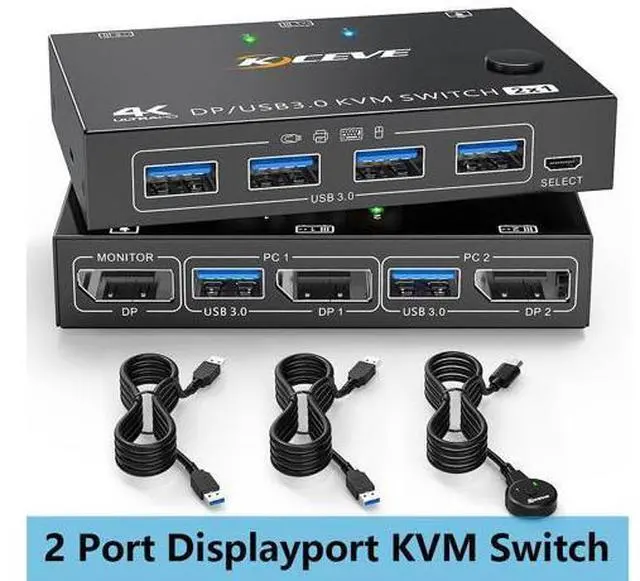 Main image of 2 Port Displayport KVM Switch, USB 3.0 DP KVM Switch 2 in 1 Out 3440x1440@144Hz,3840x2160@60Hz for 2 Computers Share 1 Monitor and 4 USB 3.0 Devices with 2 USB 3.0 Cables and Wired Controller