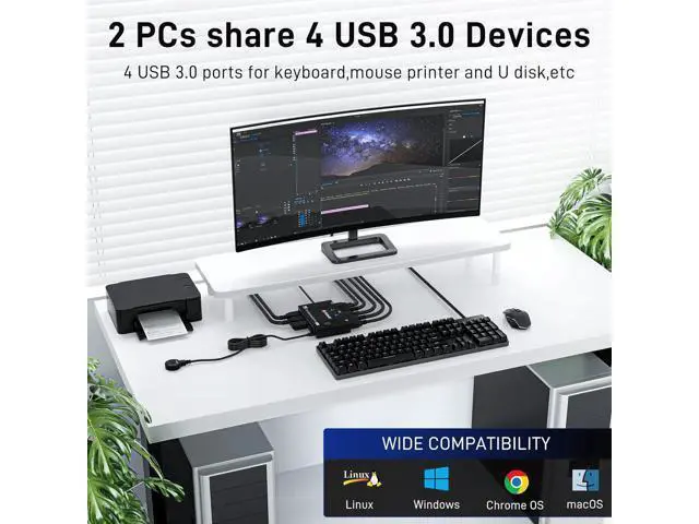 Alt view image 7 of 7 - 2 Port Displayport KVM Switch, USB 3.0 DP KVM Switch 2 in 1 Out 3440x1440@144Hz,3840x2160@60Hz for 2 Computers Share 1 Monitor and 4 USB 3.0 Devices with 2 USB 3.0 Cables and Wired Controller