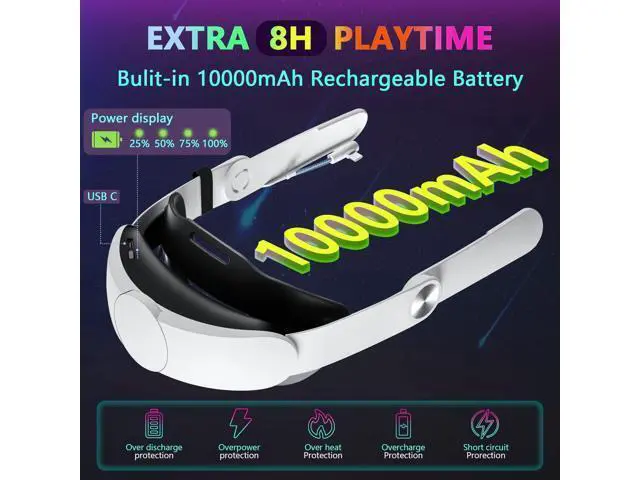 Alt view image 2 of 7 - VR Head Strap with Battery for Oculus Quest 2, 10000mAh Battery Pack Extend 8H Playtime, Fast Charging VR Power, Adjustable Elite Strap Replacement Accessories for Oculus/Meta Quest 2