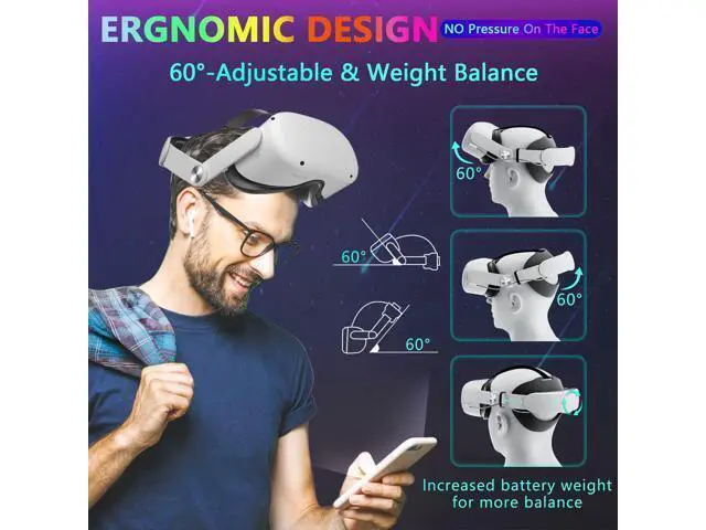 Alt view image 4 of 7 - VR Head Strap with Battery for Oculus Quest 2, 10000mAh Battery Pack Extend 8H Playtime, Fast Charging VR Power, Adjustable Elite Strap Replacement Accessories for Oculus/Meta Quest 2