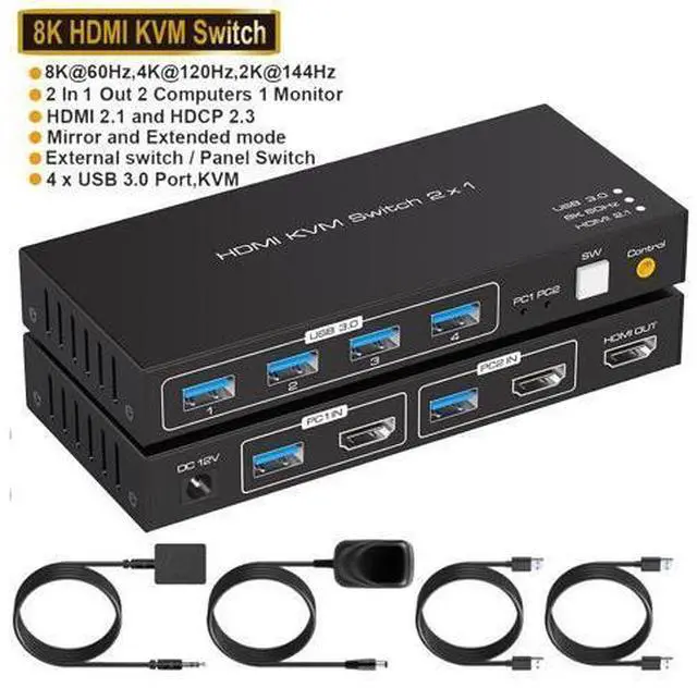 Main image of 8K@60Hz USB 3.0 HDMI KVM Switch, 2 port 4K@120Hz HDMI KVM Switcher for 2 computers share 1 monitor and one set of Keyboard Mouse webcame and hard disk, wired controller and 12V/1A DC power included